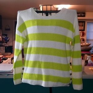 Lime green and white knitted sweater three buttons on each side at the waist